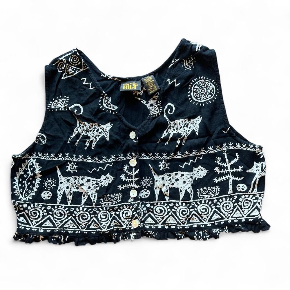 Vintage 90s Bila Black Novelty Tribal Cat Sun Print Cropped Button Up Tank Vest